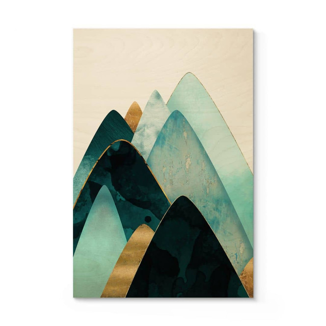 Holzbild Abstrakte Berge in Gold und Blau - SpaceFrog Designs