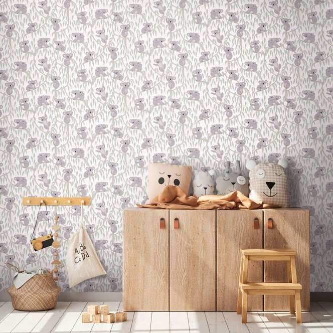 Koala-Tapete Beige Grün - Kindertapete mit Koalas auf Bäumen