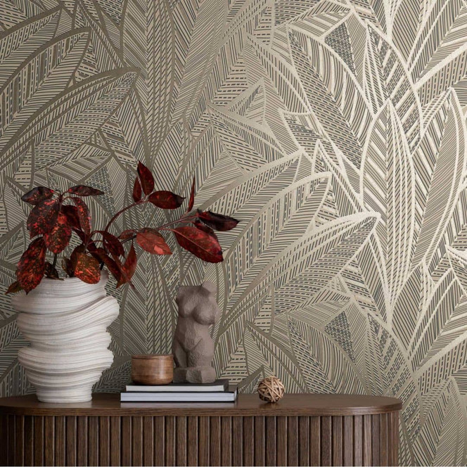 Dschungel-Tapete mit Blattmuster Beige Braun – Exotische Vliestapete modern & elegant