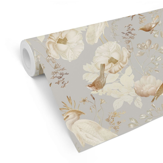 Mustertapete Vögel zwischen weissen Blumen - UN Designs