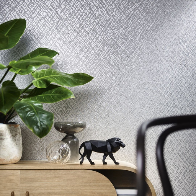 Vliestapete mit glänzendem Gitter Motiv grau, silber Struktur