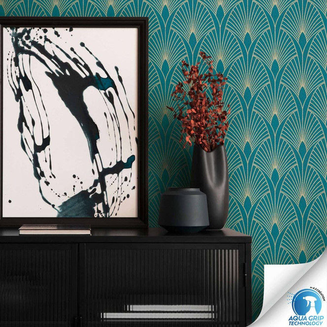 Art-Déco-Tapete Türkis Gold - Vliestapete Geometrisch - Tapezieren ohne Kleister