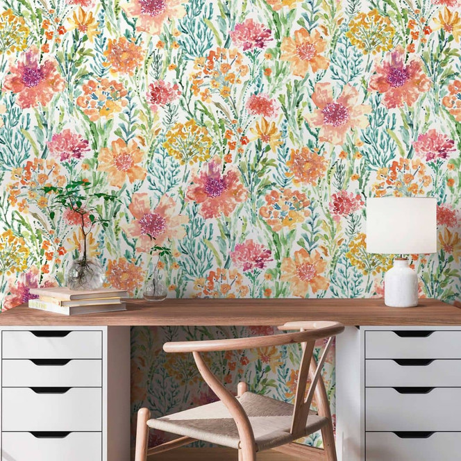 Blumentapete Aquarell Bunt Grün - Florale Vliestapete - Frühlingshaft