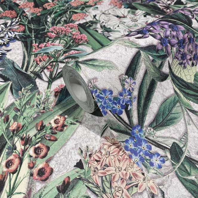 Vliestapete mit bunter Blumenwiese grau, grün Floral