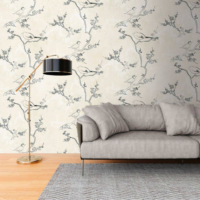Vogel-Tapete Beige Grau - Vliestapete mit Zweigen für Schlafzimmer & Wohnzimmer