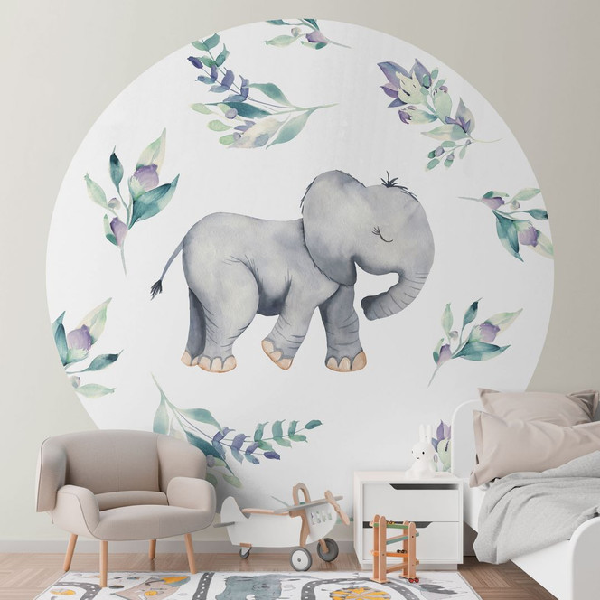 Fototapete Niedlicher Babyelefant zwischen Boho-Zweigen - UN Designs - Rund - Selbstklebend/Vlies