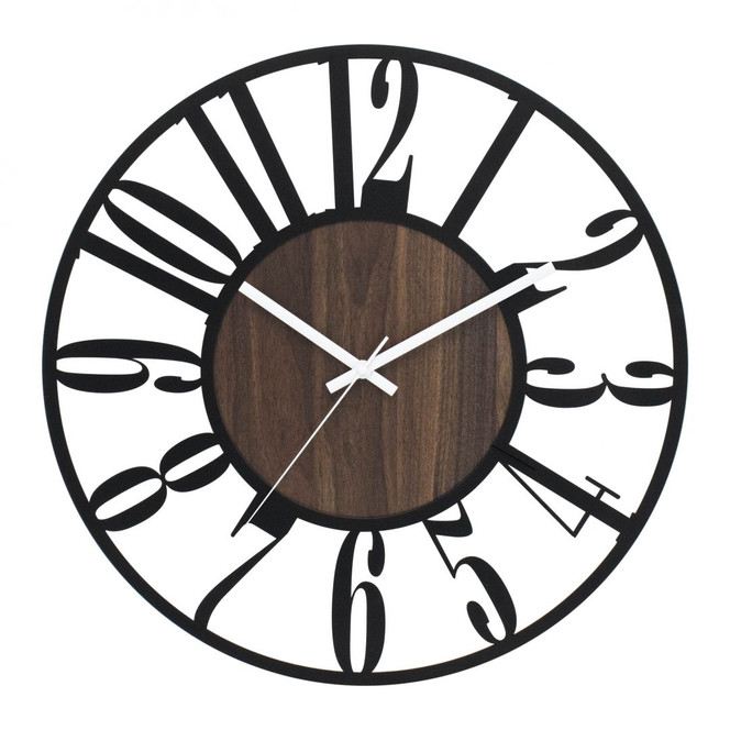 Design Wanduhr Dark Contrast mit Nussbaum-Holzoptik und arabischen Zahlen Ø50 cm