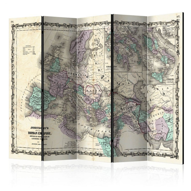 Paravent, Raumteiler freistehend, Trennwand - Weltkarte - Die römische Odyssee, 5-teilig - 225 x 172 cm