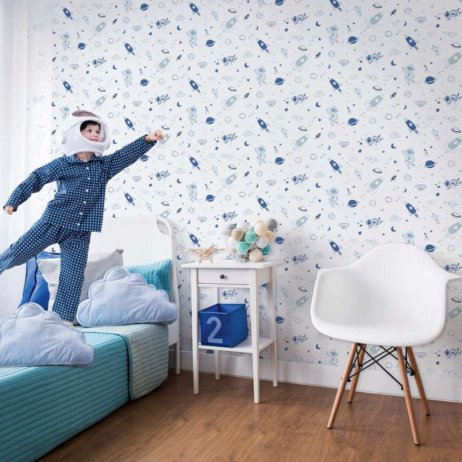 Kindertapete, Vliestapete mit Illustration Kids Walls weiss, blau