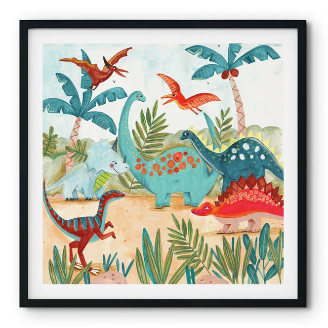 Kinderposter Farbenfrohe Dinosaurier im Urzeitwald - Bonne Müller - Quadratisch