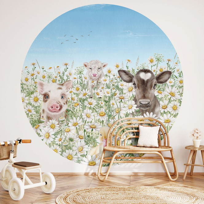Kinderzimmer Fototapete - Bauernhoftiere auf der Blumenwiese - Kikki Belle - Rund - Selbstklebend/Vlies