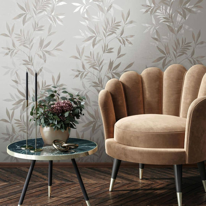 Vliestapete in weiss, beige Blattmotiv Blätteroptik Floral Natur