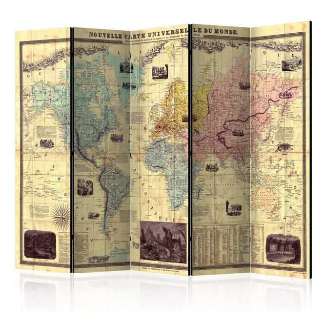 Paravent, Raumteiler freistehend, Trennwand - Nouvelle Carte Du Monde, 5-teilig - 225 x 172 cm