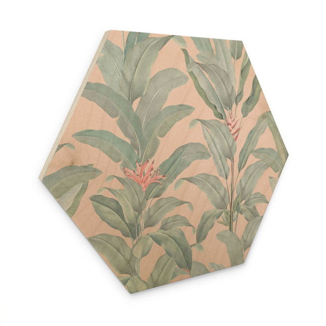 Hexagon Holzbild Urban Jungle Tropenblätter Rosa - Bloomery Decor