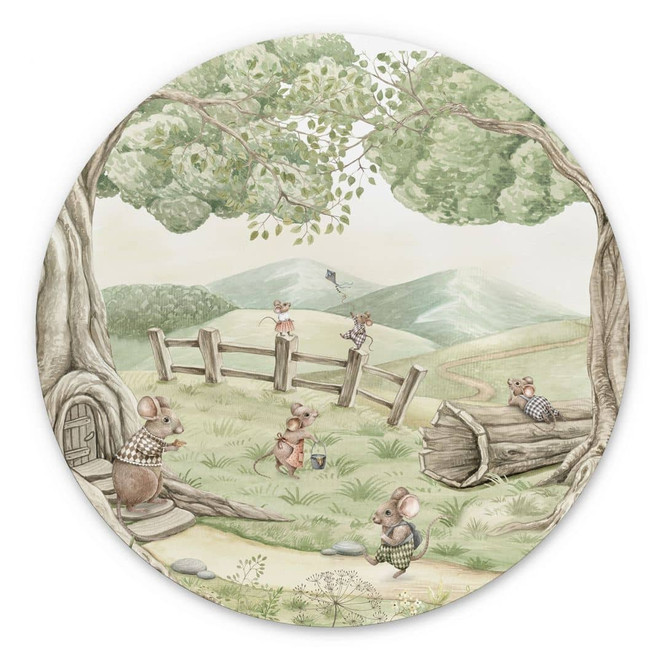 Wandbild Familie Maus im Wald - Kikki Belle - Rund - Alu-Dibond