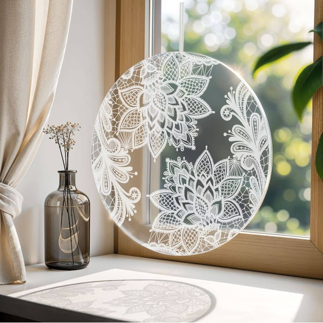 Acrylglasbild, Fensterbild zum Aufhängen Mandala-Blüten in Spitzen-Optik - Rund
