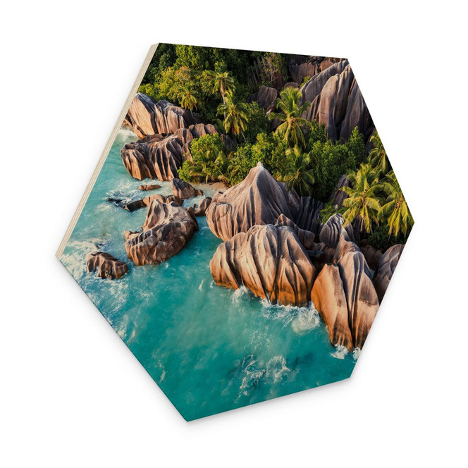 Hexagon Holzbild Tropische Felsenküste der Seychellen - Colombo