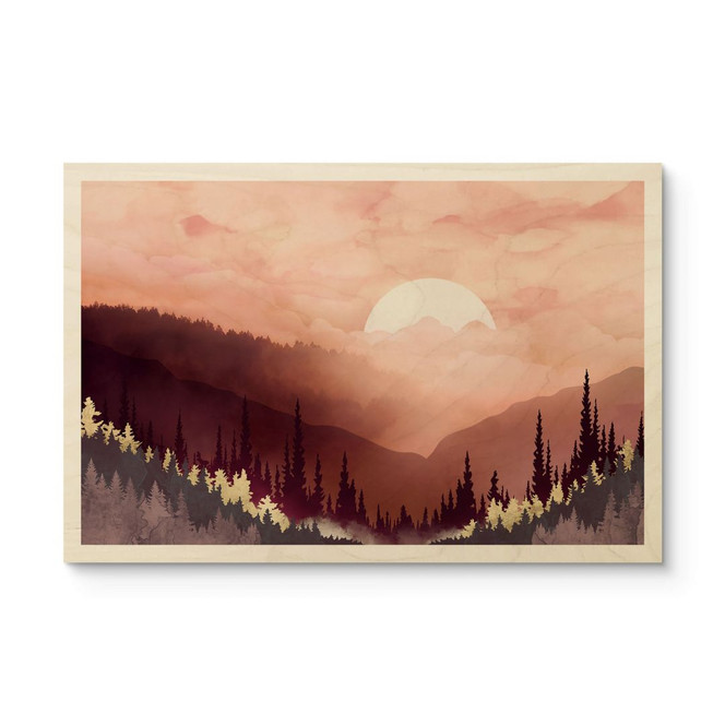 Holzbild Rosa Sonnenuntergang über dem Wald - SpaceFrog Designs