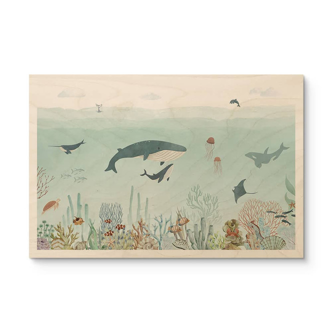 Holzbild Unterwasser-Abenteuer mit Meerestieren - Blau - Oliver Robins