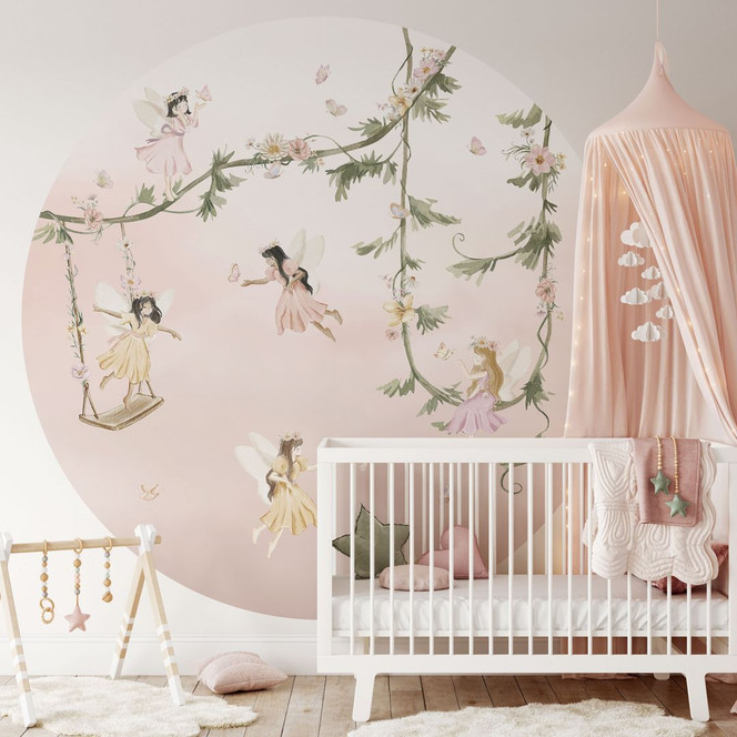 Kinderzimmer Fototapete - Kleine Feen über rosa Wolken - Oliver Robins - Rund - Selbstklebend/Vlies