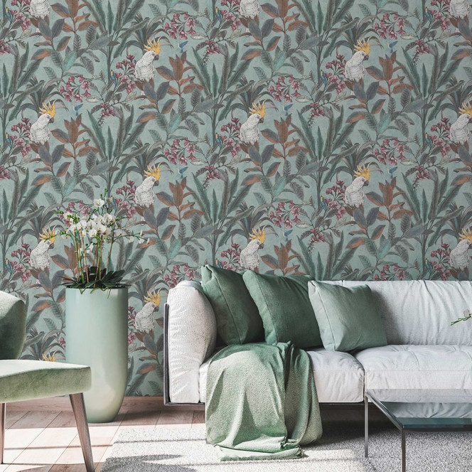 Dschungel-Tapete mit Kakadu - Vliestapete in Grün Rosa Gelb - Exotische Mustertapete