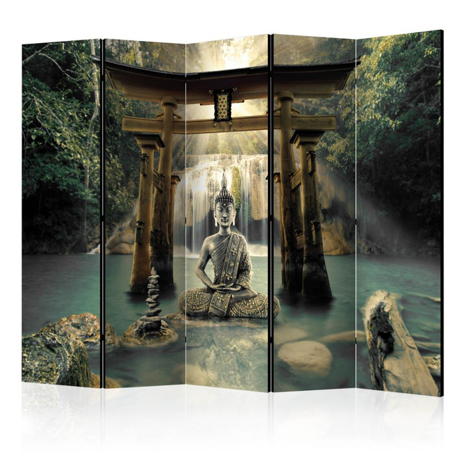 Paravent, Raumteiler freistehend, Trennwand - Buddha-Lächeln , 5-teilig - 225 x 172 cm