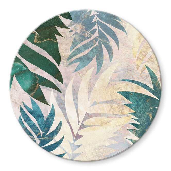 Glasbild Exotische Palmenblätter in Gold-grün - Manovski - Rund
