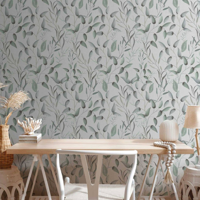 Florale Tapete Blätter Aquarell - Vliestapete in Grün Grau Weiss - Pflanzen-Tapete