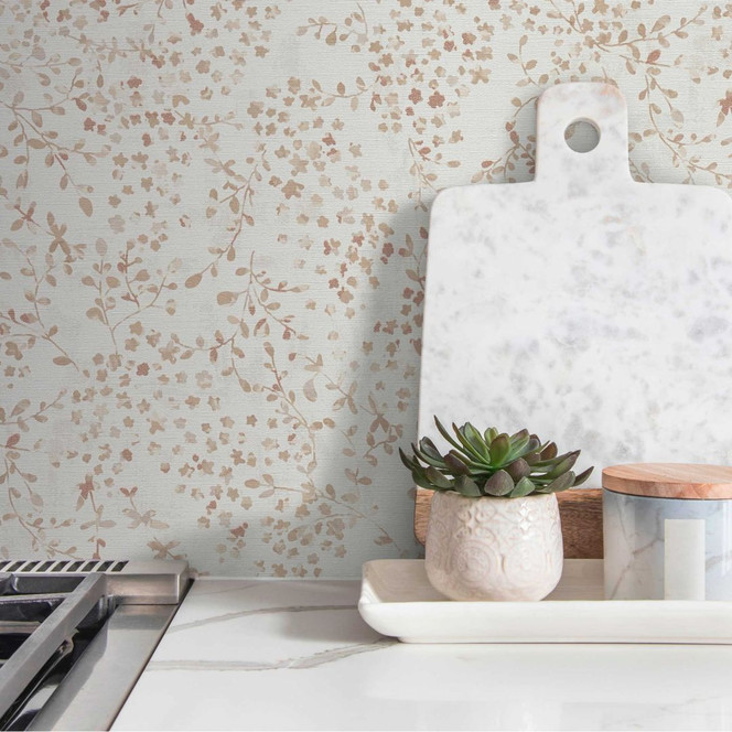 Florale Tapete Blätterranken Aquarell - Vliestapete in Beige Braun - Natürliche Mustertapete