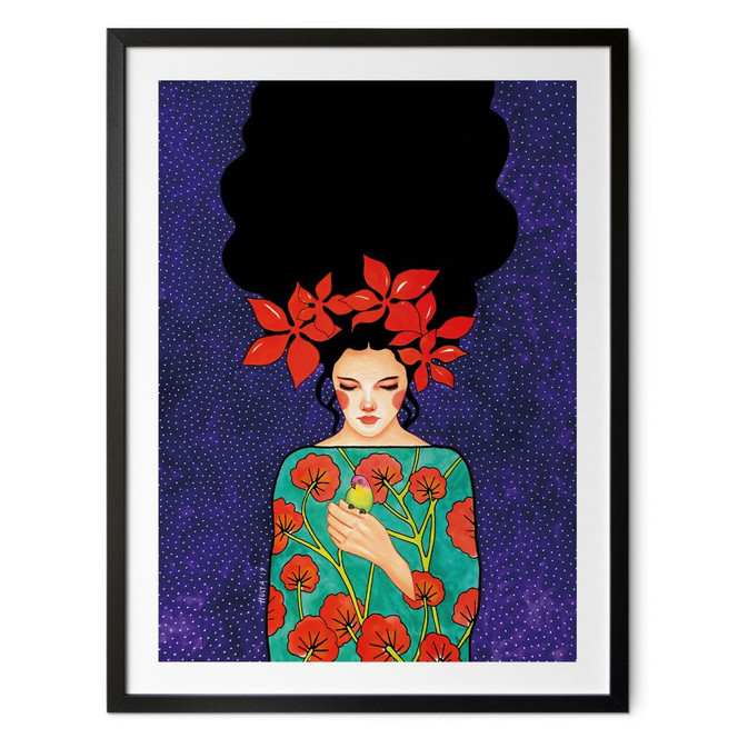 Poster Porträt - Frau mit roter Blütenkrone und Vogel - Hülya