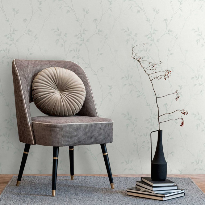 Florale Ranken-Tapete Weiss Mint – Vliestapete mit zartem Blättermotiv