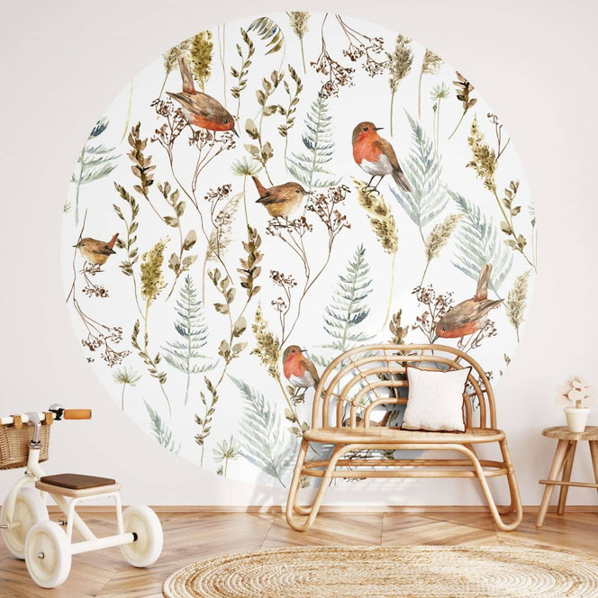Fototapete Spatzen und Rotkehlchen - Vogeltapete - UN Designs - Rund - Selbstklebend/Vlies