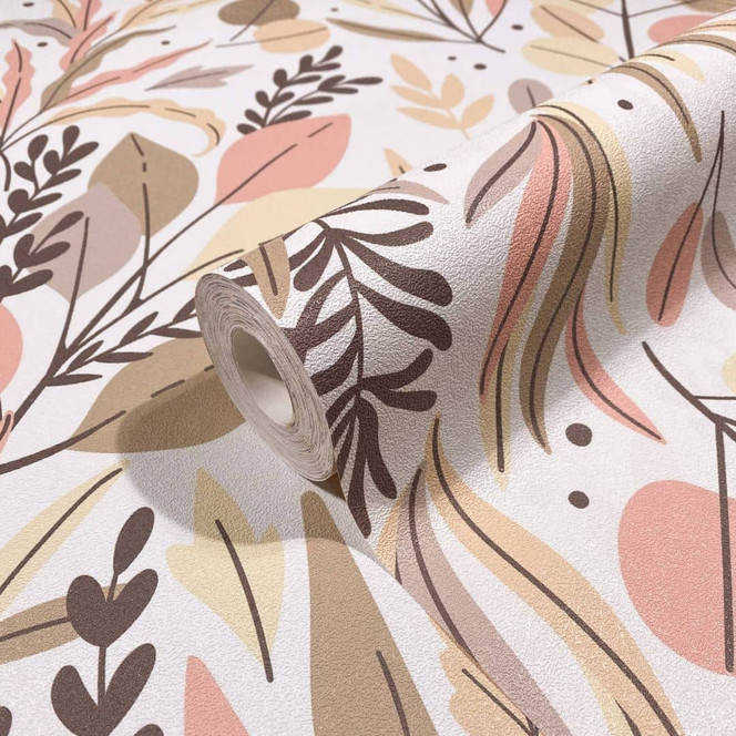 Vliestapete in abstraktem Blattmotiv weiss, beige Floral