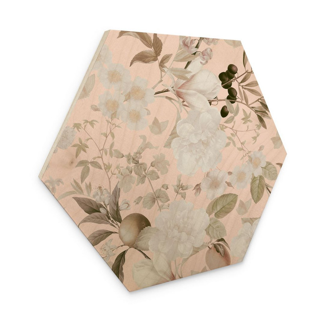 Hexagon-Holzbild Boho-Illustration mit Blumen und Früchten - UN Designs