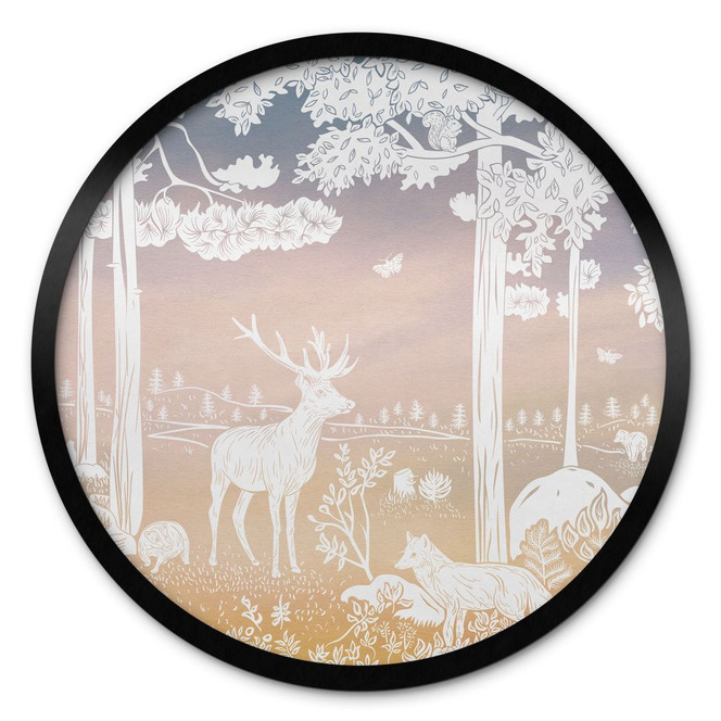 Poster Friedlicher Wald mit Hirschen und Füchsen - Ombre - Kikki Belle - Rund