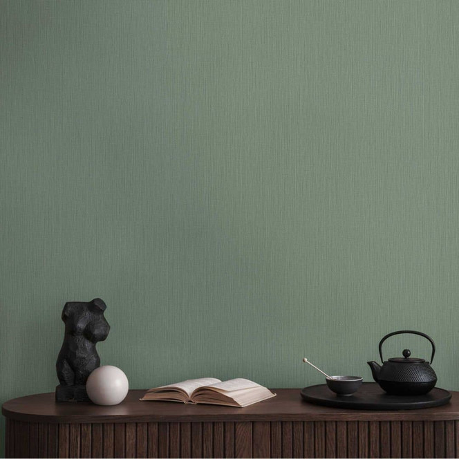 Unitapete mit feiner Struktur in Salbeigrün – Moderne Vliestapete