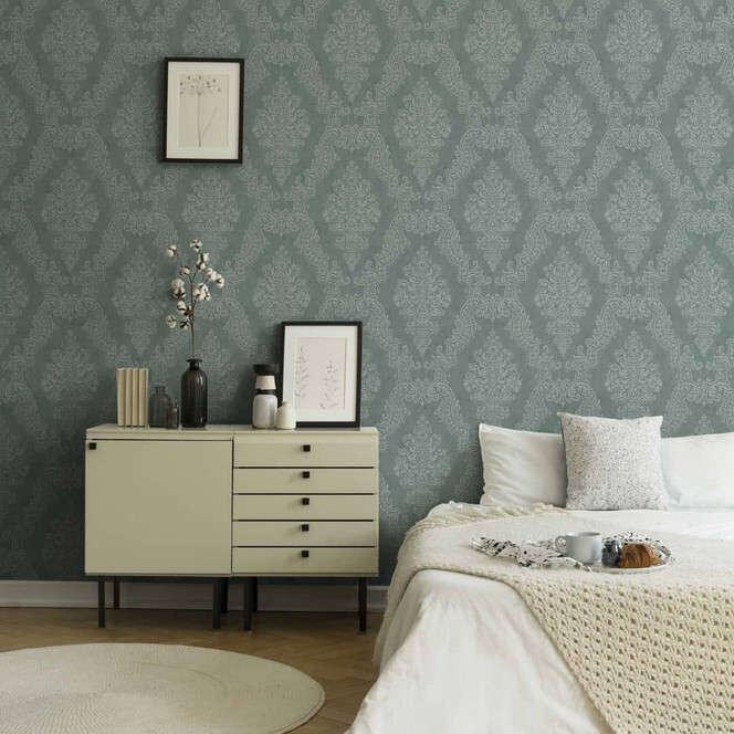 Barock-Tapete Ornament Mint Silber – Vliestapete mit Prägung – Klassische Mustertapete
