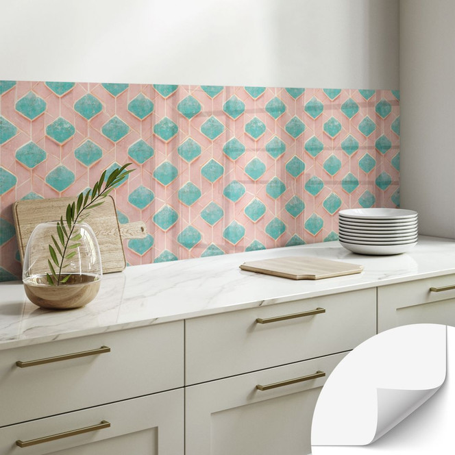 Selbstklebende Küchenrückwand Rautenmuster in türkis und rosa - Treechild