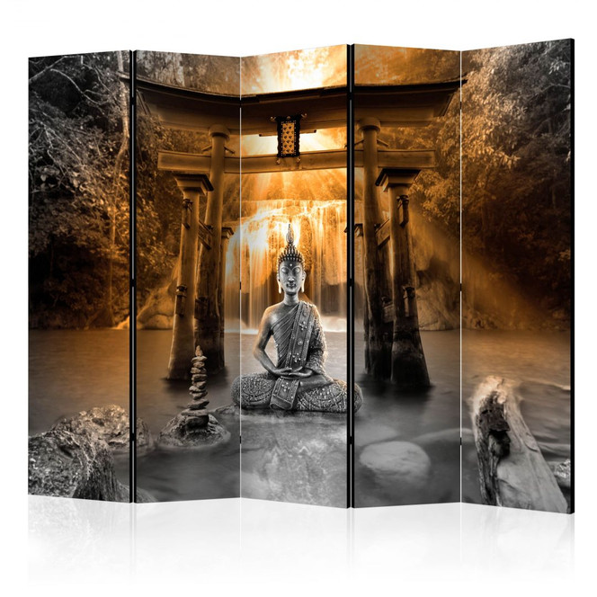 Paravent, Raumteiler freistehend, Trennwand - Buddha-Lächeln (Orange) , 5-teilig - 225 x 172 cm