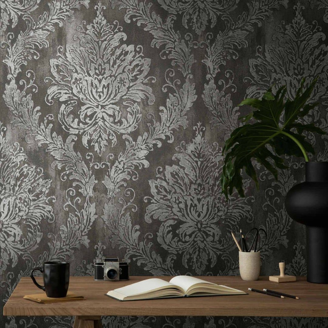 Barock-Tapete Schwarz Silber - Glamouröse Vliestapete mit Ornament-Muster