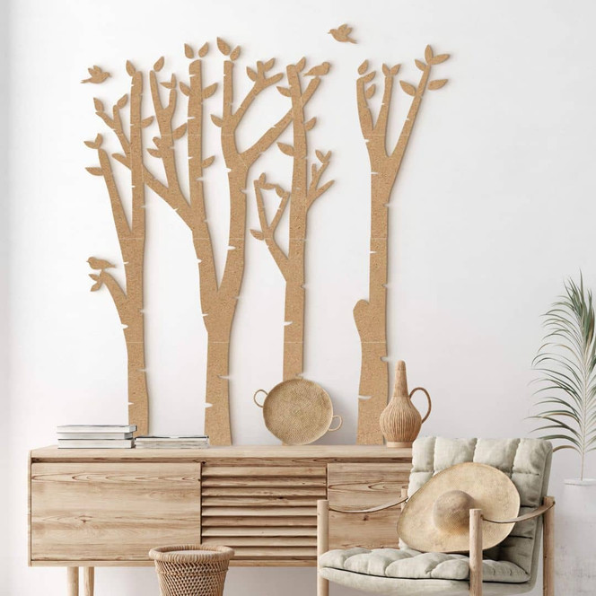 XXL Holz-Wandpaneel Birken-Baum - Wald mit Vögeln - MDF Natur - Bild - 1