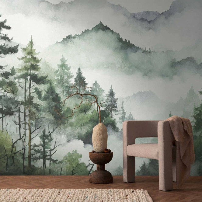 3D-Fototapete Wald Aquarell Dunkelgrün - Vliestapete mit Bergmotiv für Wohnzimmer