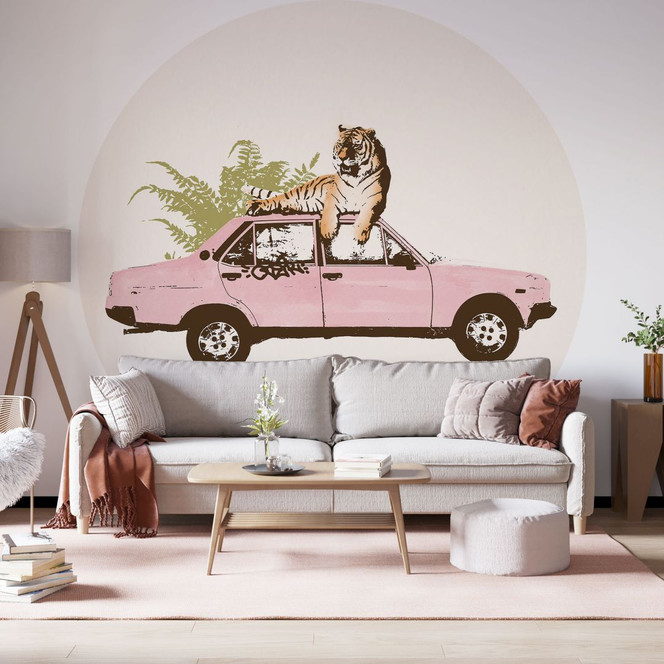 Fototapete Tiger auf rosa Auto - Rund - Bodart - Selbstklebend/Vlies