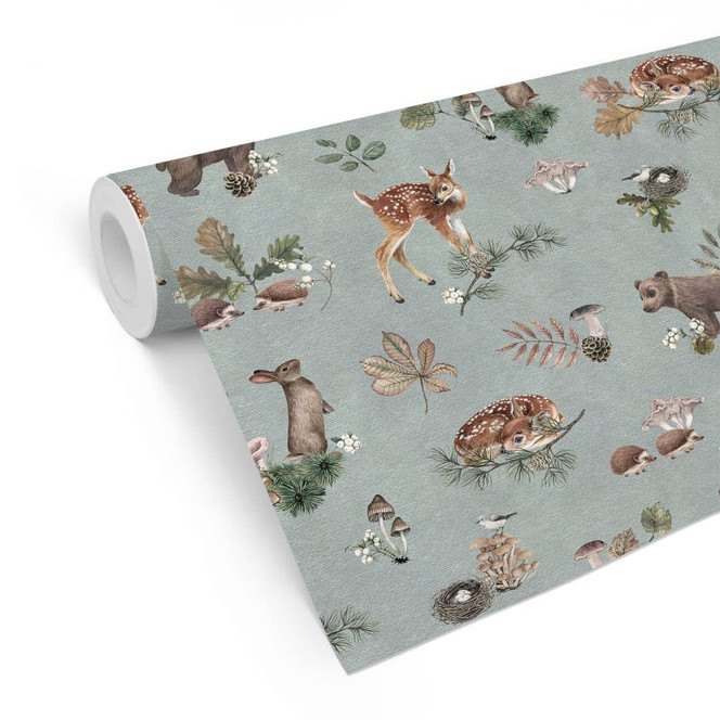 Mustertapete Rehkitz und Waldfreunde - blau - Kikki Belle