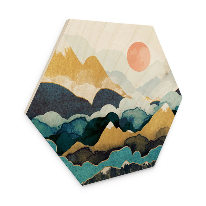 Hexagon-Holzbild Berggipfel über den Wolken - SpaceFrog Designs