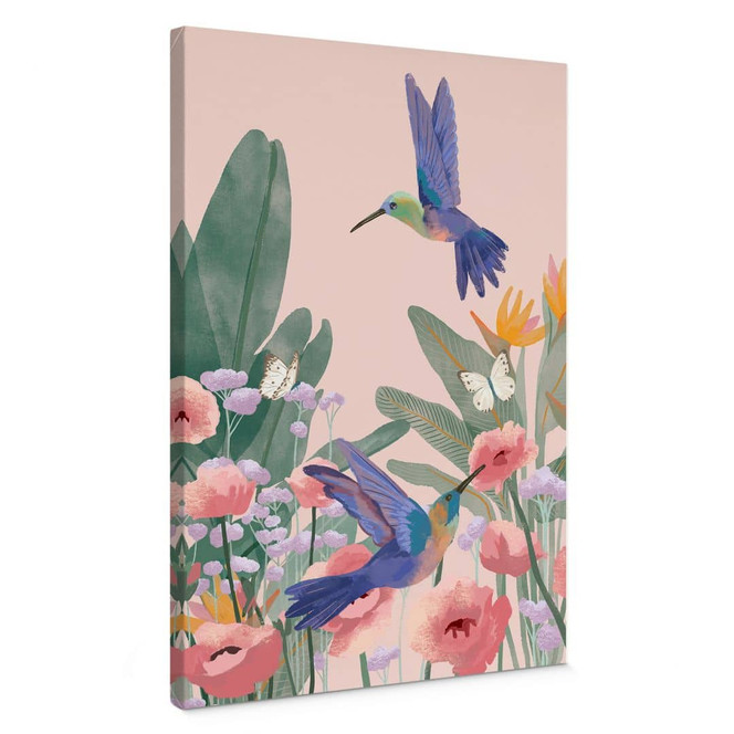 Leinwandbild Zwei Kolibris auf der bunten Blumenwiese - Goed Blauw