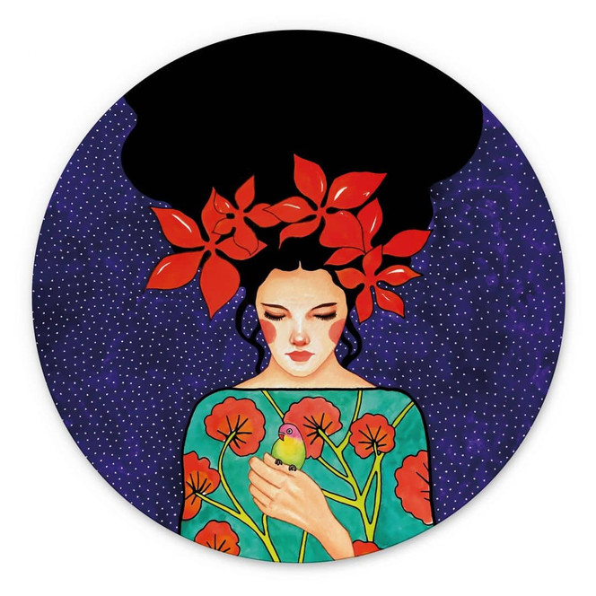 Wandbild Frau mit roter Blütenkrone und Vogel - Hülya - Alu-Dibond Rund