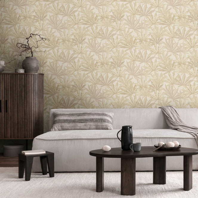 Blätter-Tapete Beige Creme - Vliestapete mit grossem Blattmuster in Naturtönen