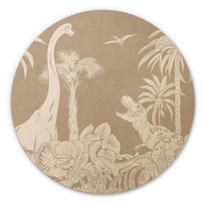 Holzbild Dinosaurier im wilden Dschungel - Braun - Kikki Belle - Rund