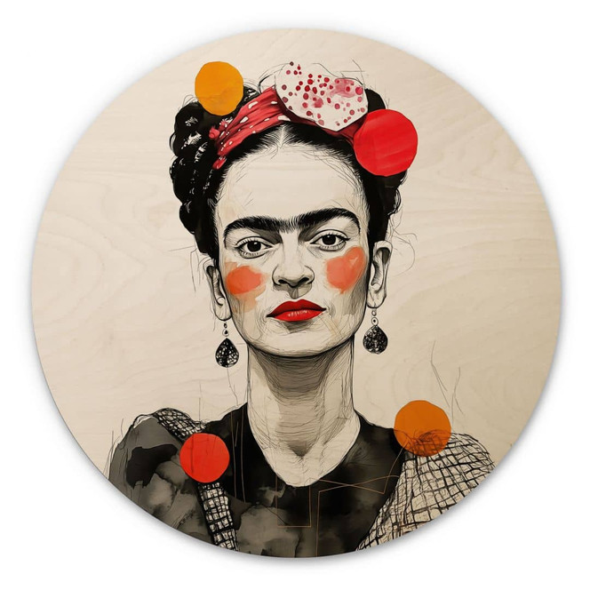 Holzbild Frida Kahlo Pop-Art Porträt - Jaszke - Rund
